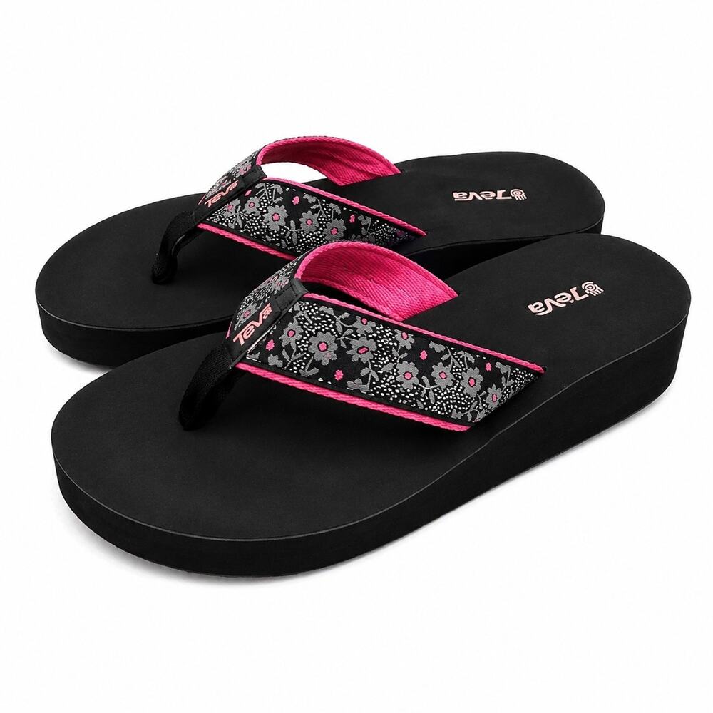 Teva Women's Mush II Sandal flip flop Black Floral Pink Womans size 8 Platform